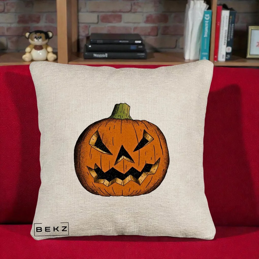 Perna Decorativa Halloween Dovleac Portocaliu Clasic, 40x40 cm, Bej Canapea, Husa Detasabila, Perna Inclusa, BEKZ®