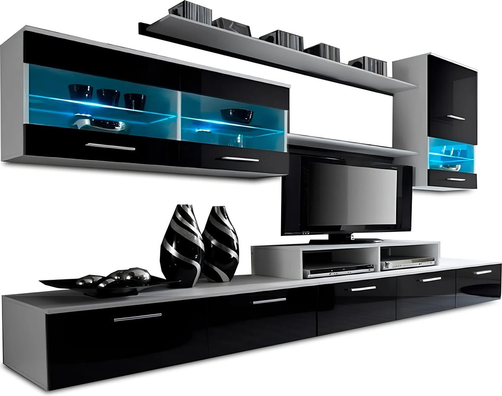 Mobilier living, alb/extra strălucire neagră HG, LEO