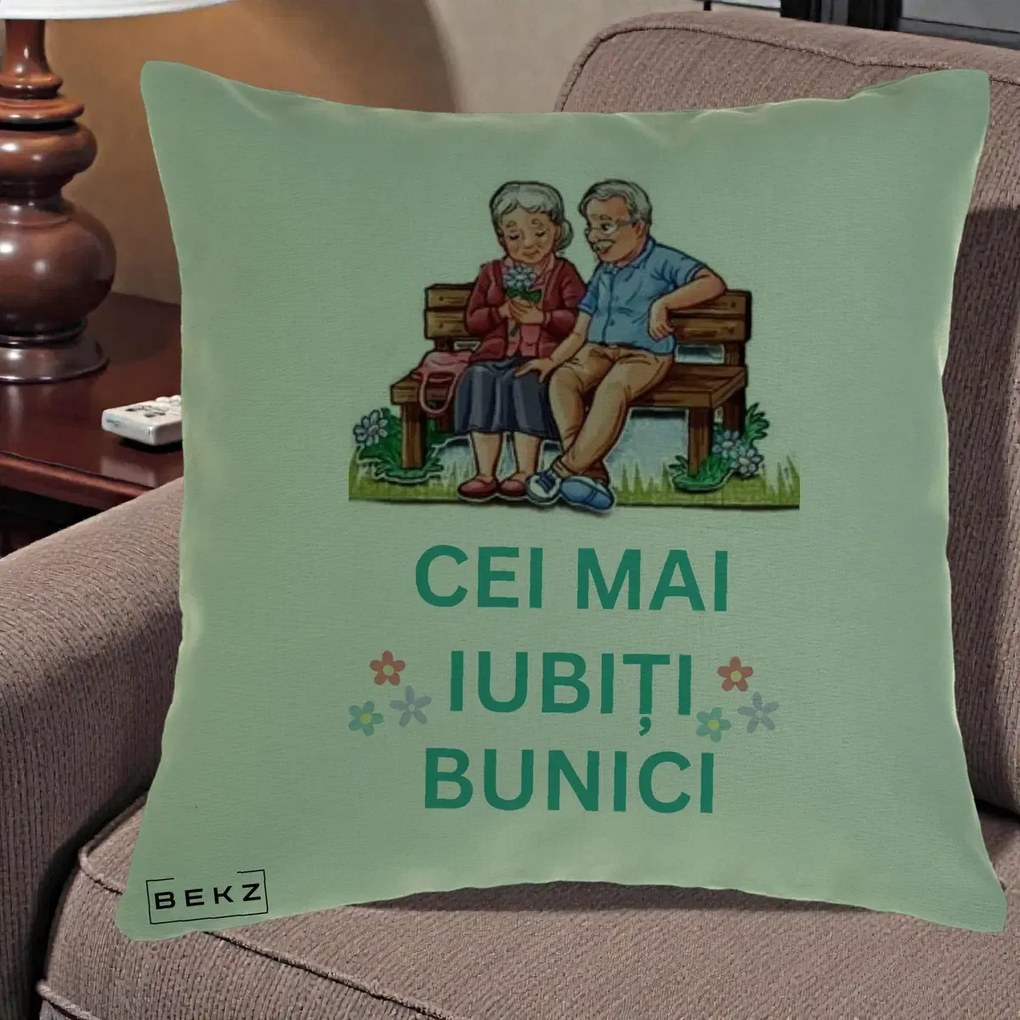 Cadou pentru Bunici - Perna Personalizata Cei Mai Iubiti Bunici Cuplu pe Banca Ilustratie, 40x40 cm, Verde, Husa Detasabila, Perna Inclusa, BEKZ®
