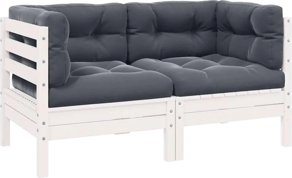 vidaXL Canapea de grădină cu 2 locuri, cu perne, alb, lemn masiv pin