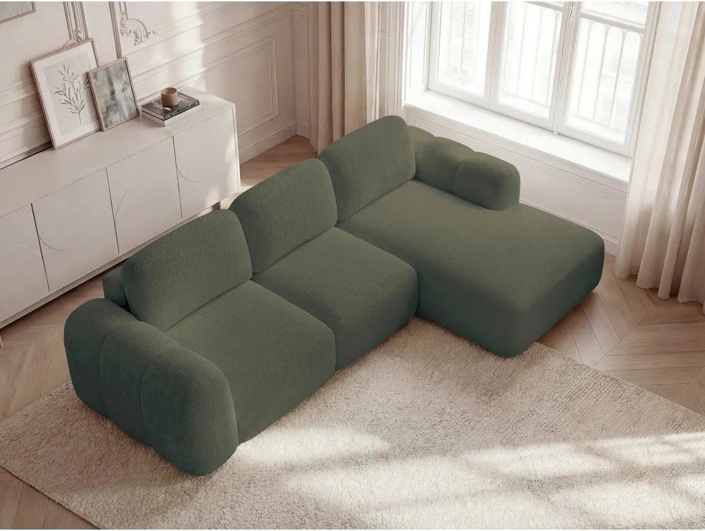 Colțar verde extensibil/cu spațiu de depozitare cu tapițerie din țesătură bouclé (cu colț pe partea dreaptă/cu șezlong) Montaigne – Bobochic Paris