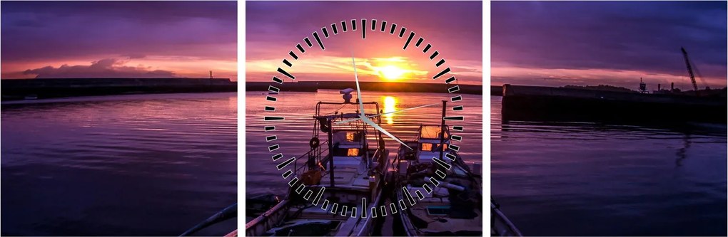 Tablou cu barci pescărești în port (cu ceas) (90x30 cm)