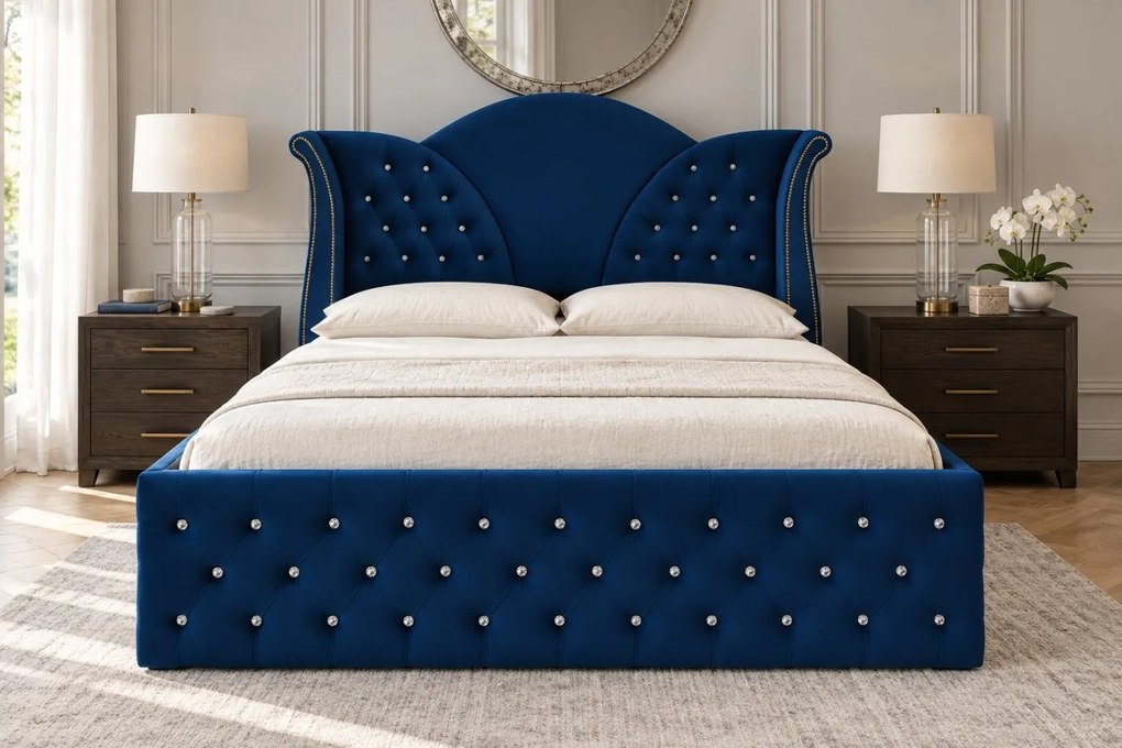 Pat tapițat Chesterfield din catifea Velora Cristal 140×200 cm, bleumarin, cu ladă de depozitare