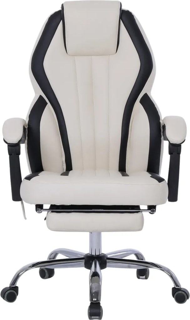RESIGILAT- Scaun directorial cu Masaj si Incalzire, 8 puncte de masaj, suport picioare, Piele ecologica, Ivory/Negru