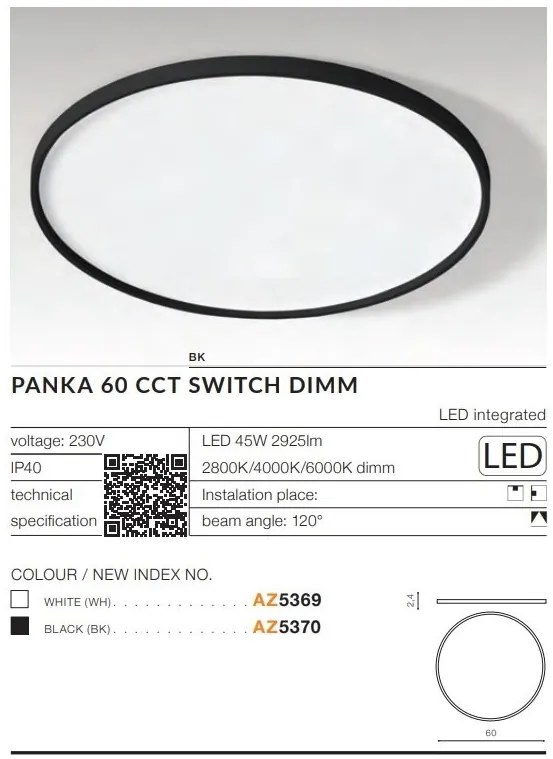 Plafoniera slim LED dimabil, protectie IP40 PANKA 60 CCT negru