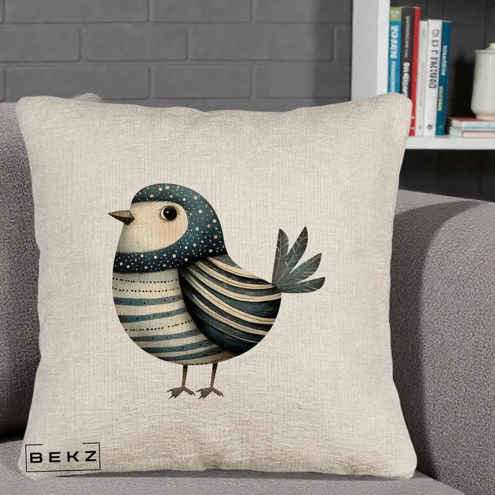 Perna Decorativa Pasare Teal Decorativa Dungata, 40x40 cm, Bej Canapea, Husa Detasabila, Perna Inclusa, BEKZ®