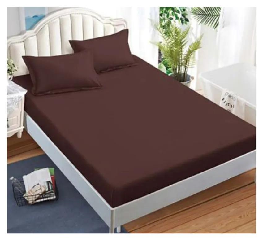 Lenjerie de pat cu elastic, tesatura tip finet, uni, pat 2 persoane, maro inchis, 6 piese, FNE-180