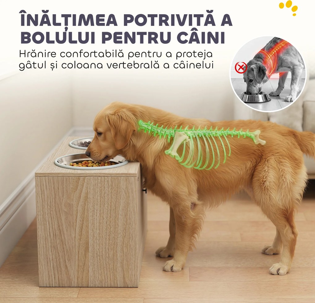 PawHut Suport pentru boluri pentru câini cu 2 boluri de 2L și dulap inferior, din lemn, 60x30x35,5 cm, stejar | Aosom Romania