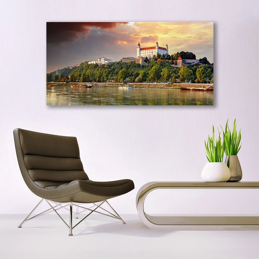 Tablou pe panza canvas City Lake Peisaj Alb Brun Verde