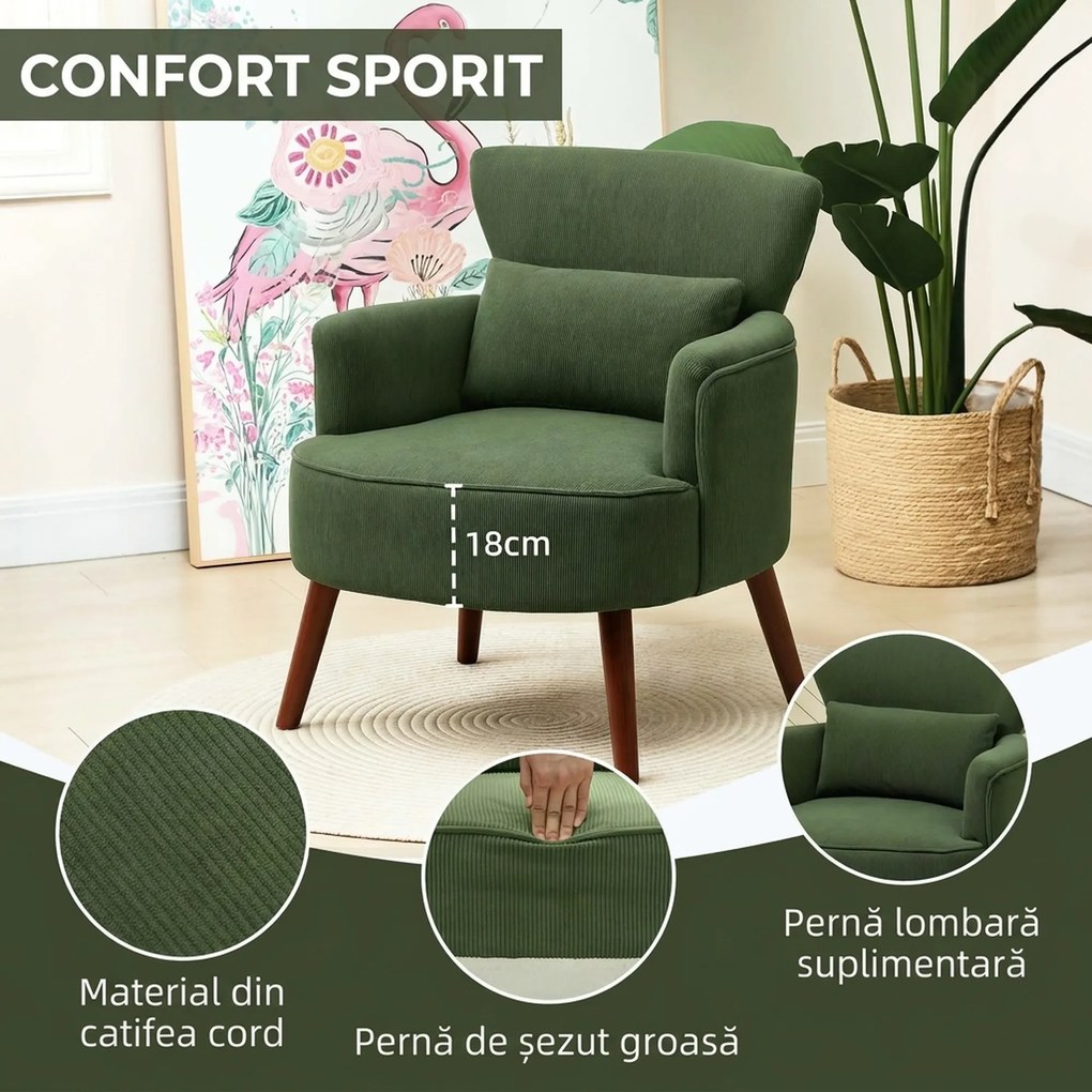 HOMCOM Fotoliu Capitonat cu Pernă și Șezut Gros, Fotoliu din Catifea cu Spătar și Picioare din Lemn, 69x69,5x78 cm, Verde | Aosom Romania