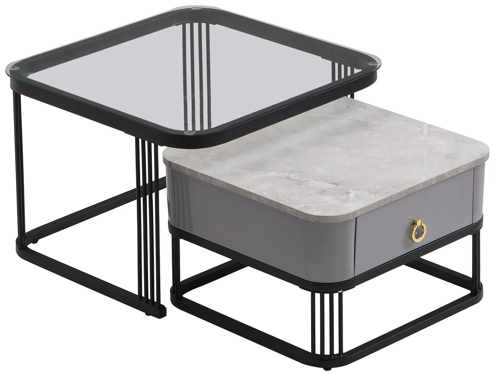 Set de 2 Măsuțe de Cafea Suprapozabile cu Blat din Marmură Lucioasă și Sticlă, Structură din Metal și Sertare, 60x60x42 cm + 50x50x34 cm, Negru