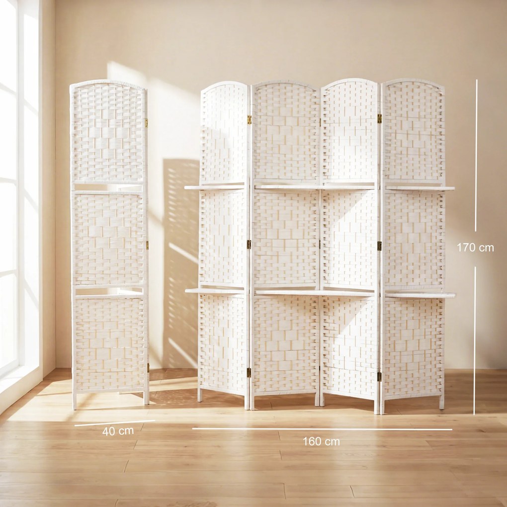 HOMCOM Paravan separator de cameră 4 panouri 160 x170 cm cu 2 rafturi, pliabil, din lemn | Aosom Romania