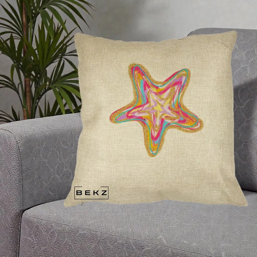 Perna Decorativa Stea de Mare Colorata Psiheledic, 40x40 cm, Crem, Husa Detasabila, Perna Inclusa, BEKZ®