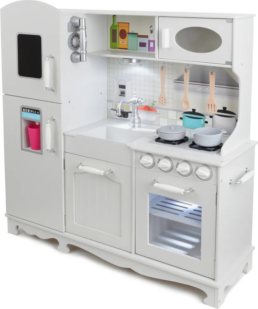 Bucătărie de jucărie din lemn pentru copii cu iluminare LED, accesorii și efecte sonore