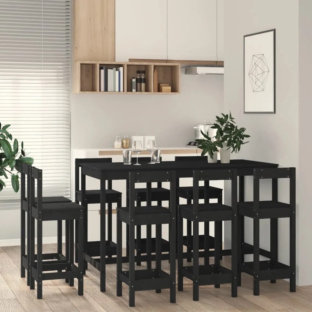 Set mobilier de bar, 9 piese, negru, lemn masiv de pin