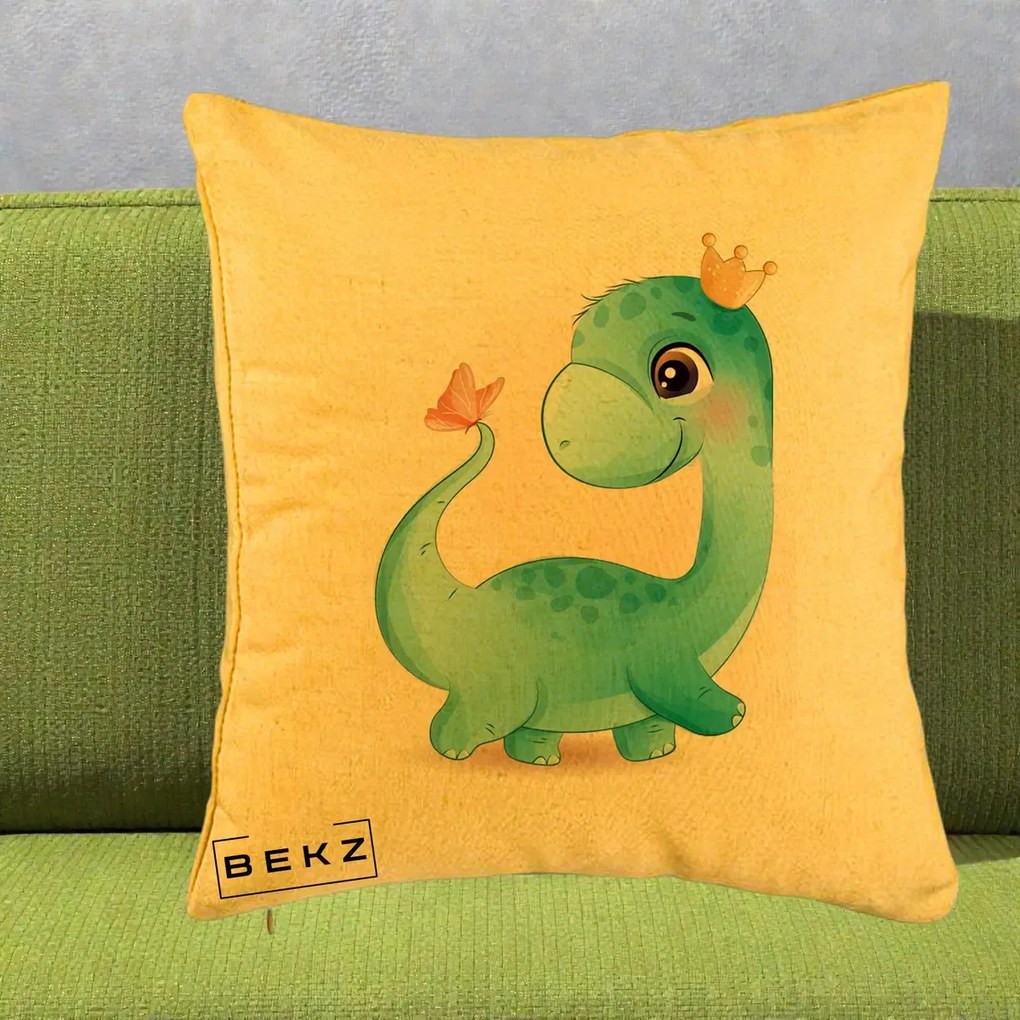 Perna Personalizata Dinozaur Bland Coroana Kawaii, 40x40 cm, Galben, Husa Detasabila, Perna Inclusa, BEKZ®