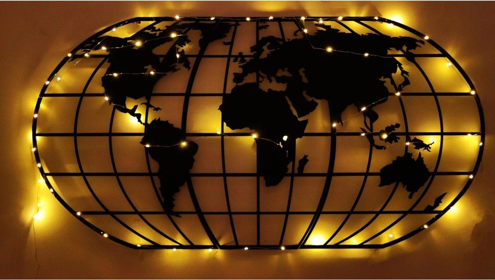 Decoratiune perete WORLD MAP GLOBE, negru, metal, 120x60 cm