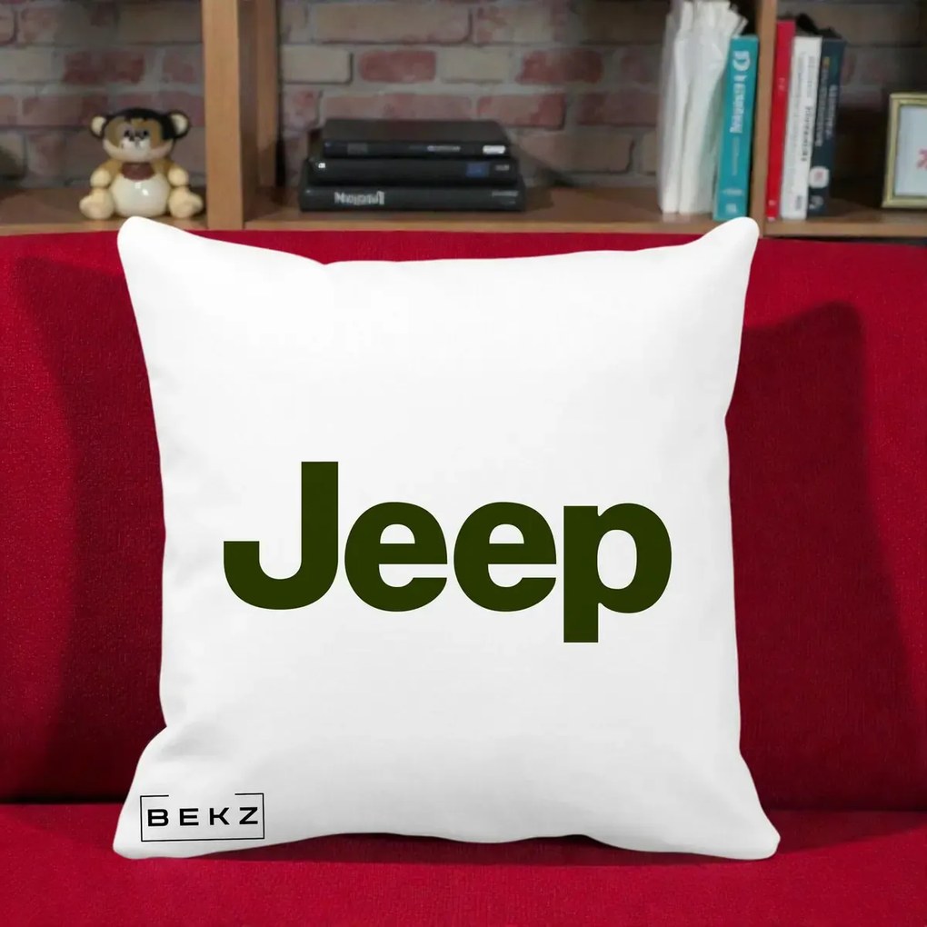 Perna Personalizata cu emblema Jeep, 40x40 cm, Alba Mata, Husa Detasabila, Perna Inclusa, BEKZ®