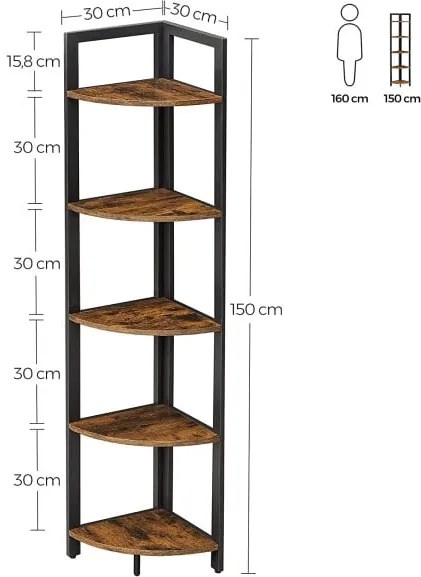 Raft De Colt Cu 5 Niveluri, Maro Rustic Si Negru, 30 X 30 X 150 Cm