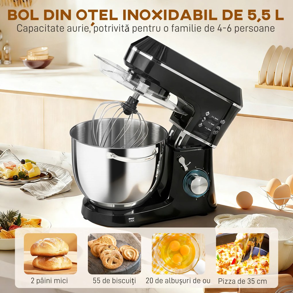 HOMCOM Mixer Planetar cu Bol Inox de 7L, 1400W, 6 Viteze Pulse, Cap Înclinat, Mixer Profesional Antiderapant cu Cârlig Frământare, Tel, Batător, Capac Anti-Stropire și Accesorii | Aosom Romania
