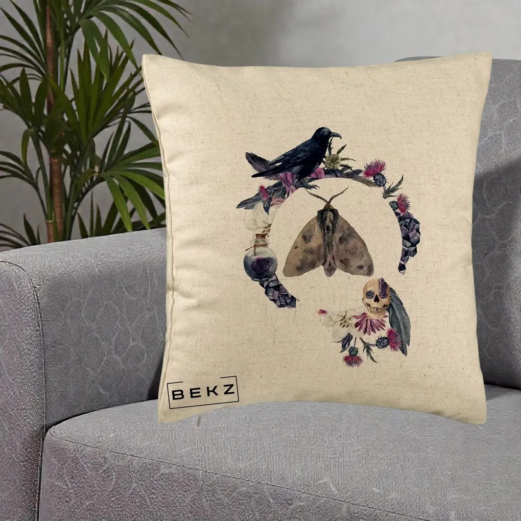 Perna Decorativa Gothic Wreath Corb Moliu Craniu, 40x40 cm, Bej, Husa Detasabila, Perna Inclusa, BEKZ®