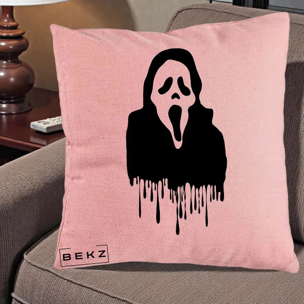 Perna Personalizata Halloween Ghostface Scream Picurand, 40x40 cm, Roz, Husa Detasabila, Perna Inclusa, BEKZ®