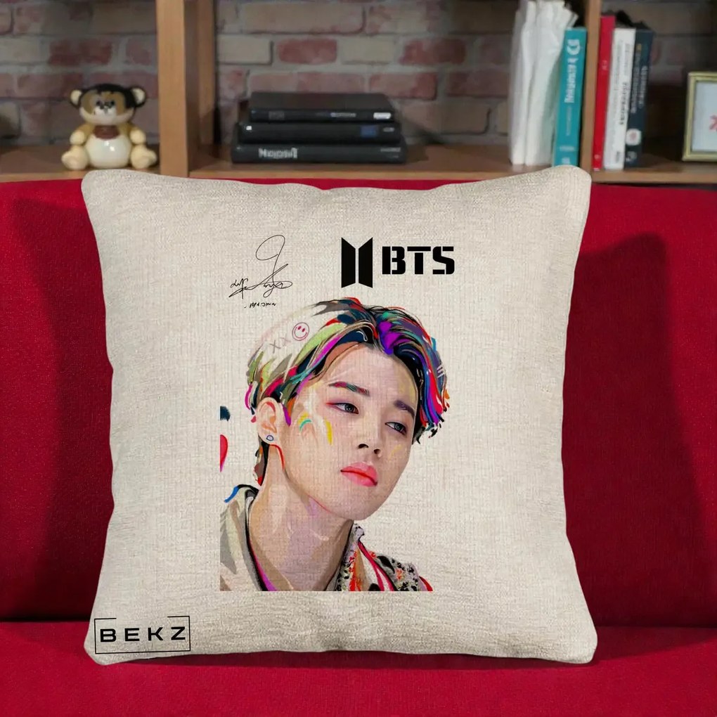 Perna Personalizata K-pop BTS Jimin Portret Artistic Multicolor cu Autograf, 40x40 cm, Bej Canapea, Husa Detasabila, Perna Inclusa, BEKZ®