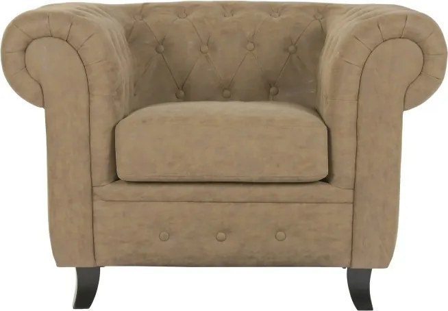 Fotoliu Chesterfield maro din piele ecologică, structură din lemn, stil clasic vintage, 110 x 81 x 76 cm, „Winston”