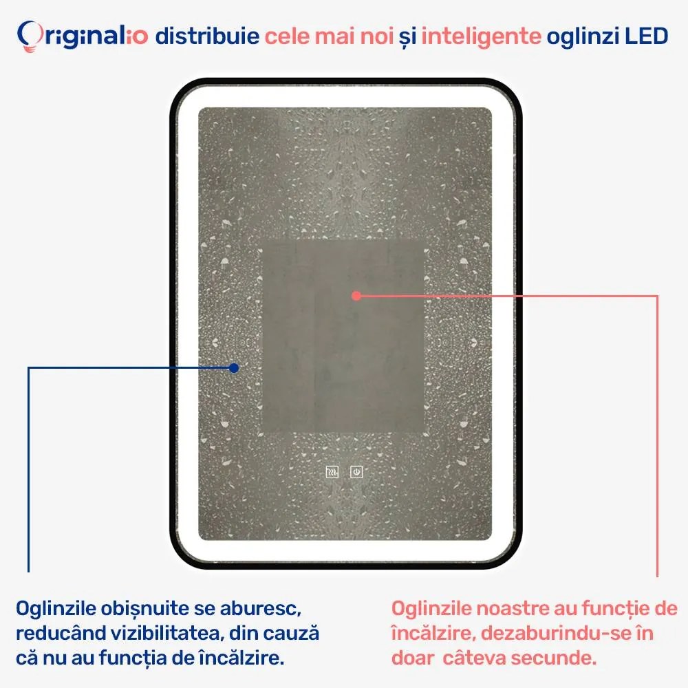 Oglindă LED Dreptunghiulară (50x70 cm), 3 Moduri Iluminare (Lumină Rece, Naturală, Caldă), Intensitate Reglabilă, Funcție Dezaburire, Ramă Aluminiu, Control Tactil (Touch)