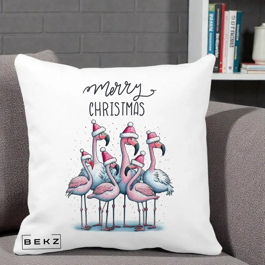 Perna Decorativa Flamingo Merry Christmas, 40x40 cm, Alba Mata, Husa Detasabila, Perna Inclusa, BEKZ®