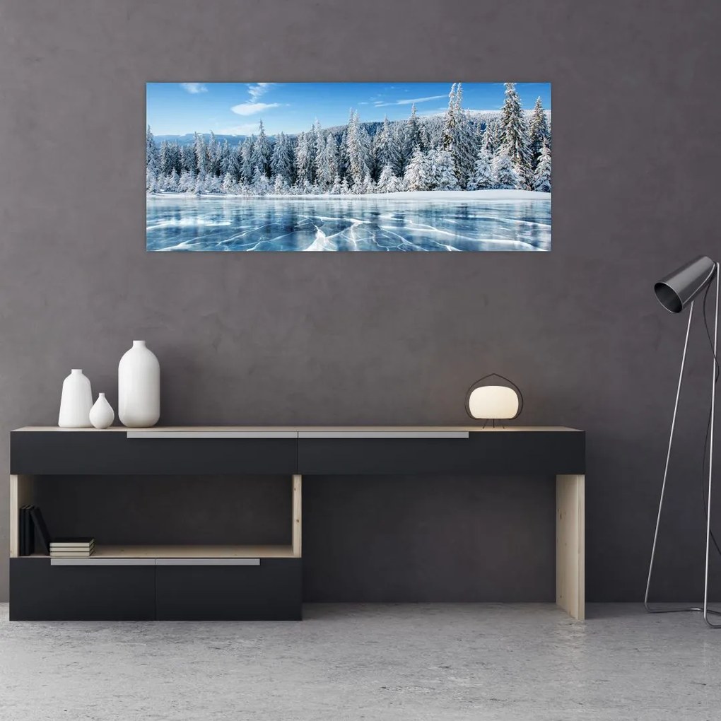 Tablou cu lacul înghețat și copacii înzăpeziți (120x50 cm)