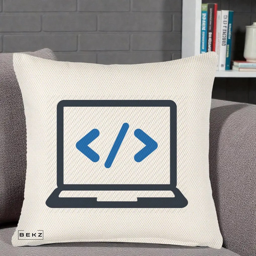 Perna Personalizata Laptop Cod HTML, 40x40 cm, Crem Reliefat, Husa Detasabila, Perna Inclusa, BEKZ®