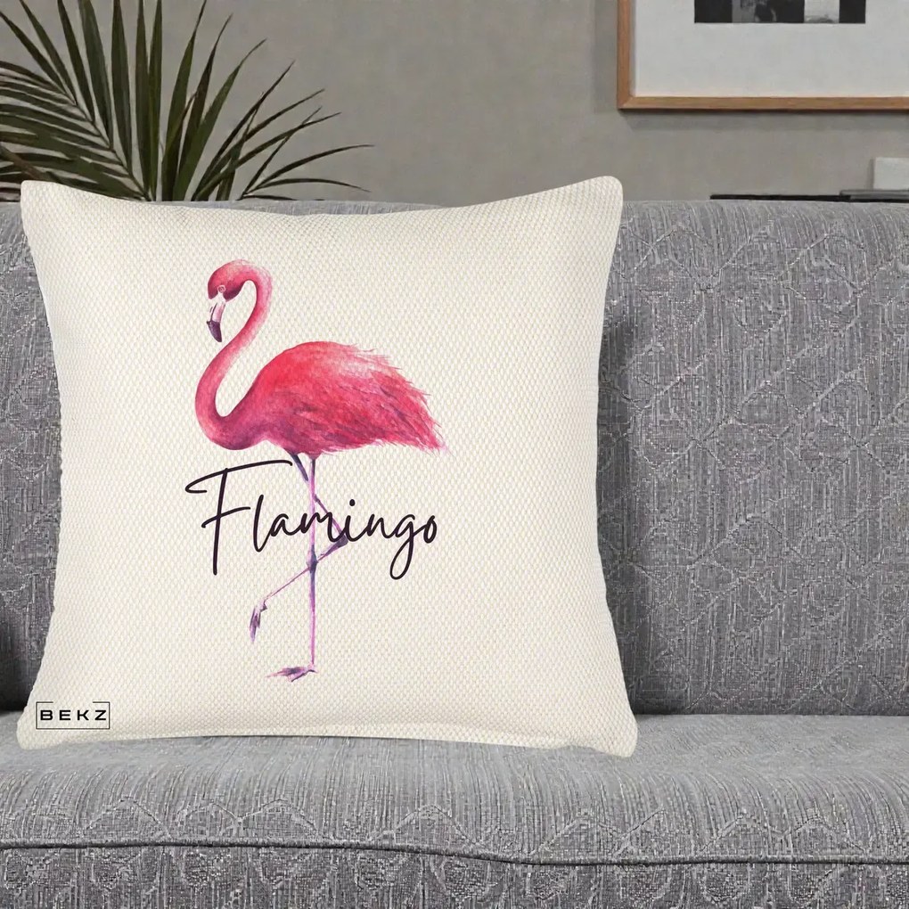 Perna Decorativa Flamingo Acuarela, 40x40 cm, Crem Reliefat, Husa Detasabila, Perna Inclusa, BEKZ®