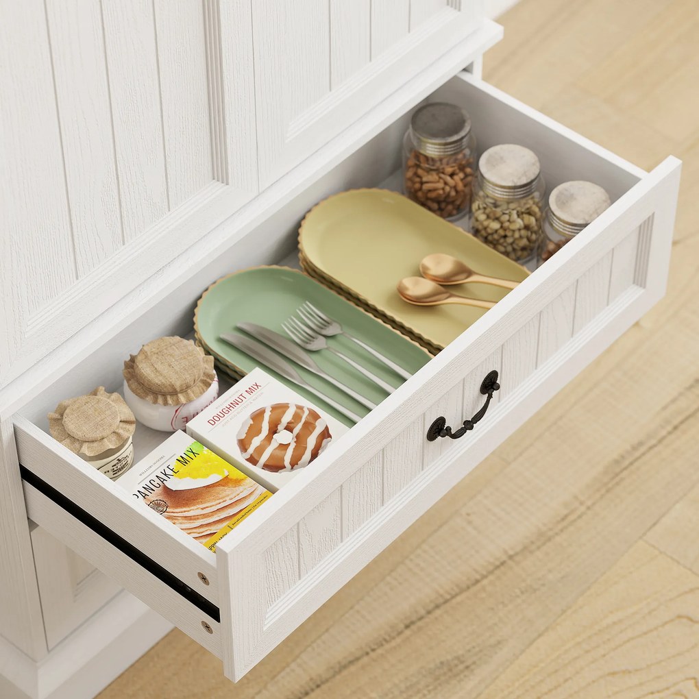 HOMCOM Bufet înalt bucătărie, dulap de bucătărie, LED cu senzor, 2 uși, sertare și rafturi reglabile, 76x39,5x183cm, alb | Aosom Romania