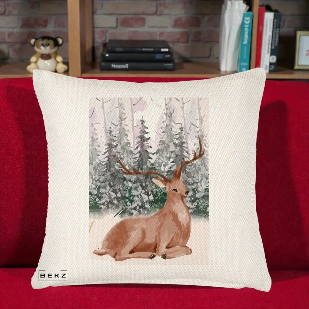 Perna Decorativa Ren in Padure Roz Moale, 40x40 cm, Crem Reliefat, Husa Detasabila, Perna Inclusa, BEKZ®
