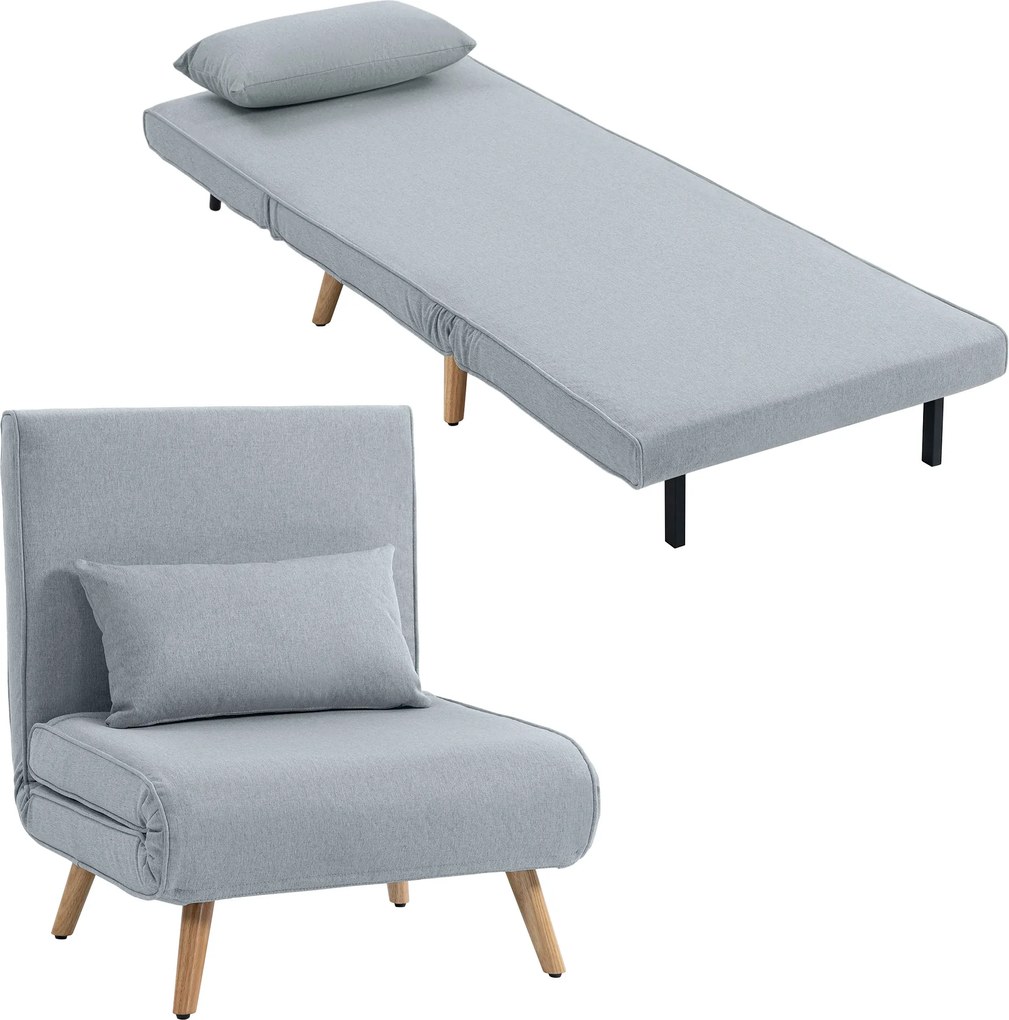 HOMCOM Fotoliu șezlong convertibil 3 în 1 pat fotoliu 1 loc spătar 5 poziții în material cu pernă, gri | Aosom Romania