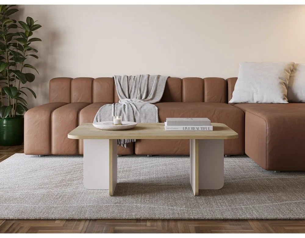 Măsuță de cafea crem/în culoare naturală cu blat cu aspect de lemn de stejar 56x100 cm Hillary – Marckeric