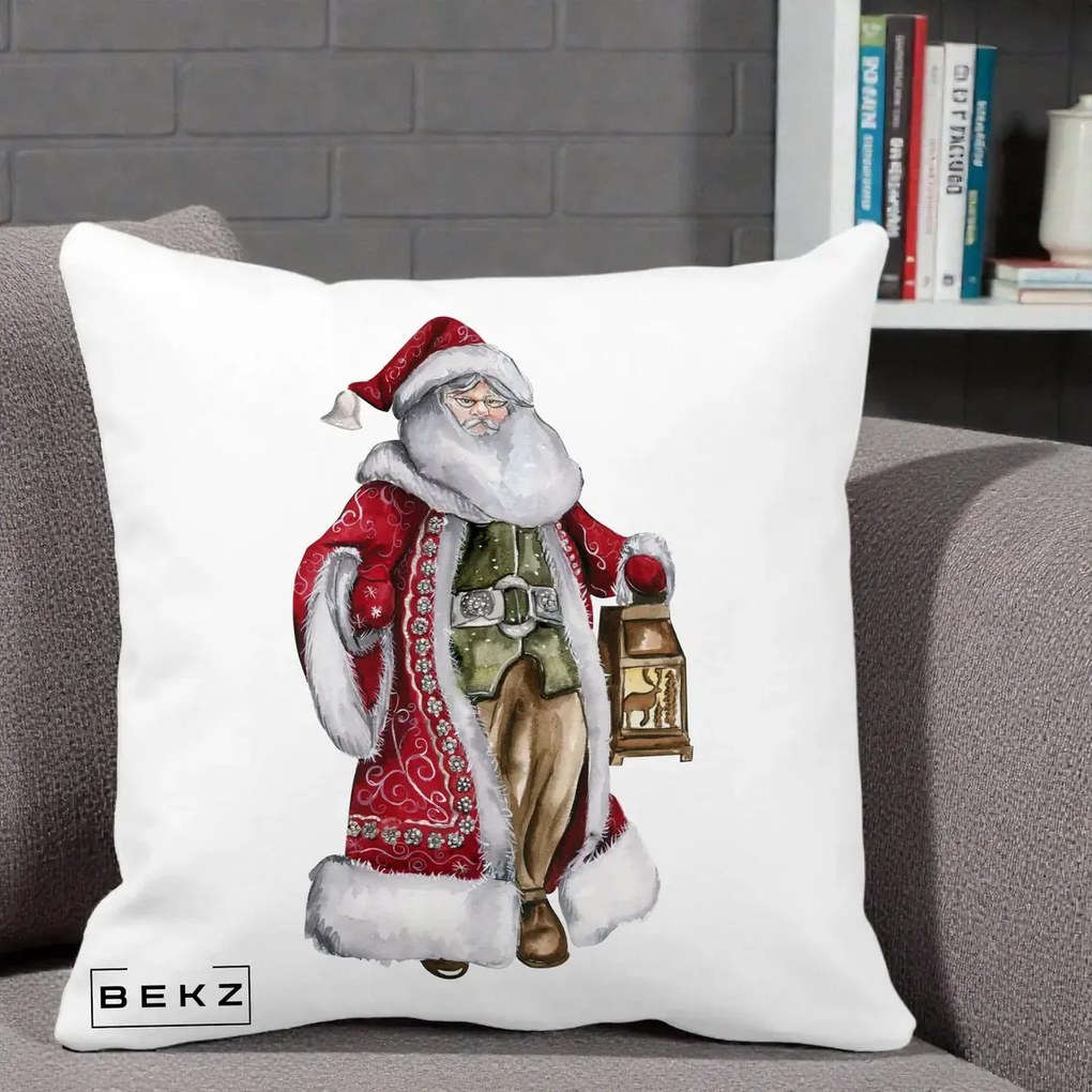 Perna Decorativa Mos Craciun Vintage cu Felinar, 40x40 cm, Alba Mata, Husa Detasabila, Perna Inclusa, BEKZ®