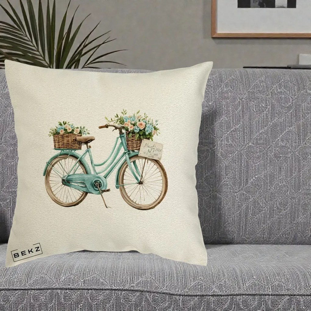 Perna Decorativa Bicicleta Teal cu Cosuri Duble de Flori Vintage, 40x40 cm, Ecru, Husa Detasabila, Perna Inclusa, BEKZ®
