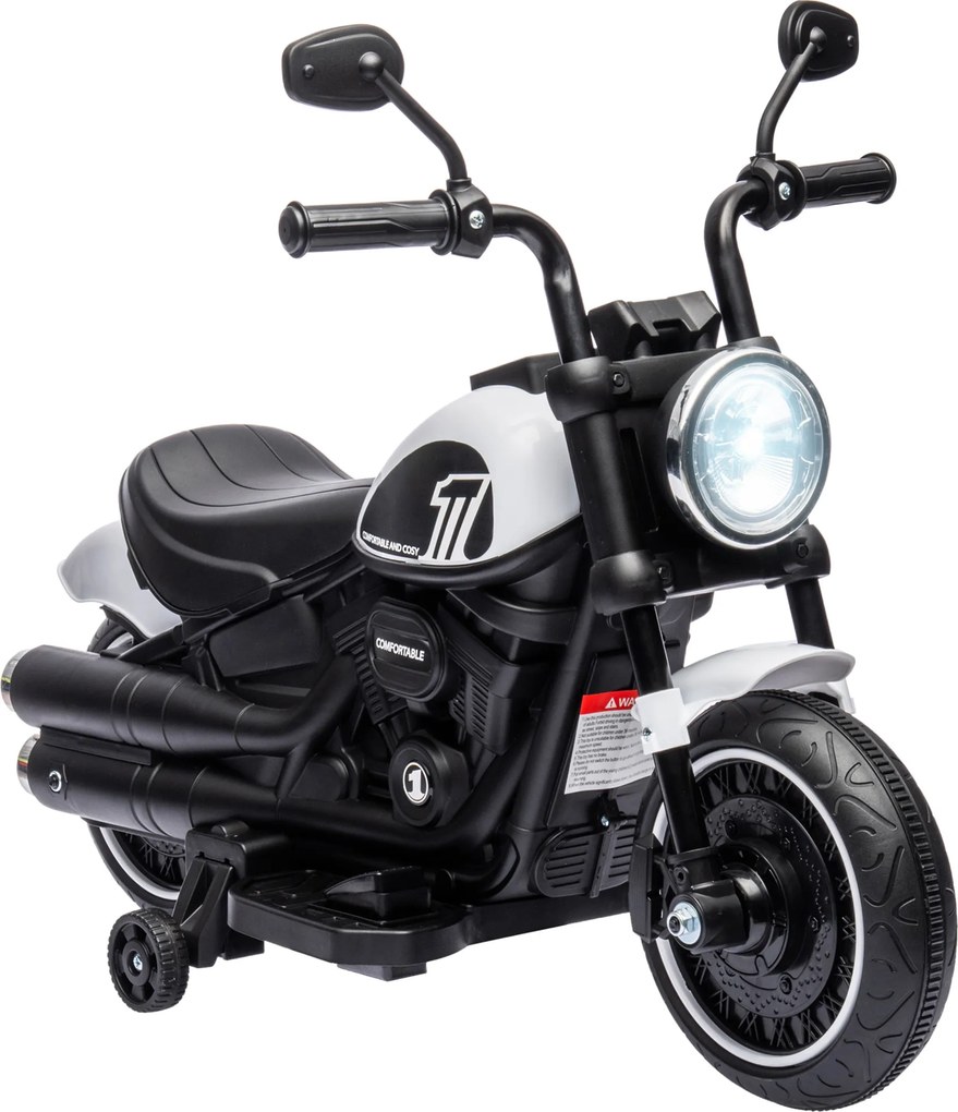HOMCOM Motocicletă Electrică pentru Copii 18-36 Luni cu Roți Ajutătoare și Far, 76x42x57 cm, Alb și Negru | Aosom Romania