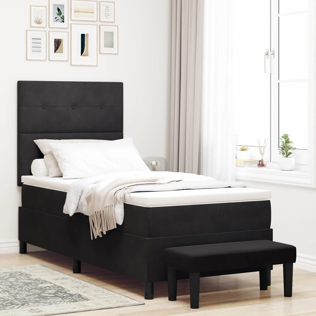 vidaXL Pat cu Arcuri cu Saltea &amp; Bancă Negru 90x190 cm Catifea