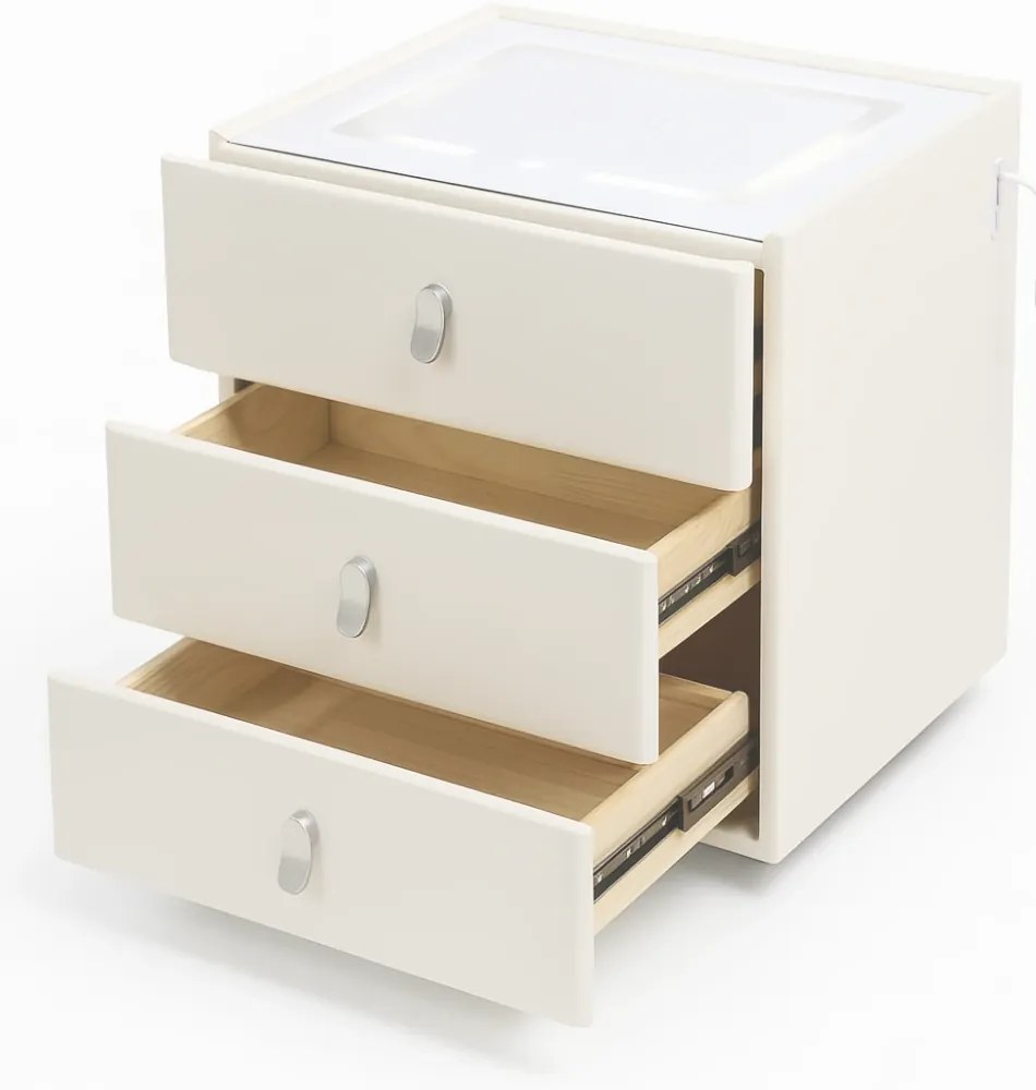 Noptieră inteligentă, încărcare Wireless și port USB+USB C, 3 sertare, 3 tipuri de iluminare LED touch, 3 tipuri de culoare, sticla securizata, Alb