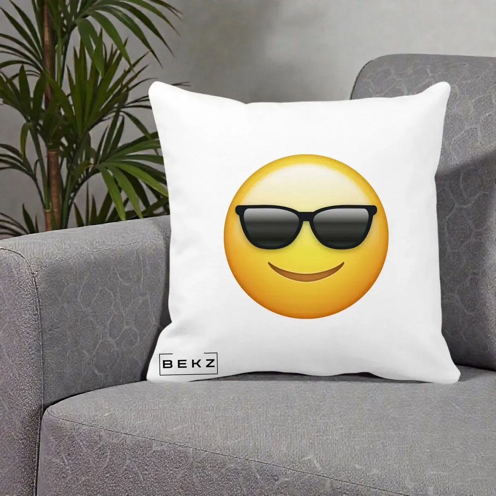 Perna Decorativa Emoji Cool Ochelari, 40x40 cm, Alba Mata, Husa Detasabila, Perna Inclusa, BEKZ®