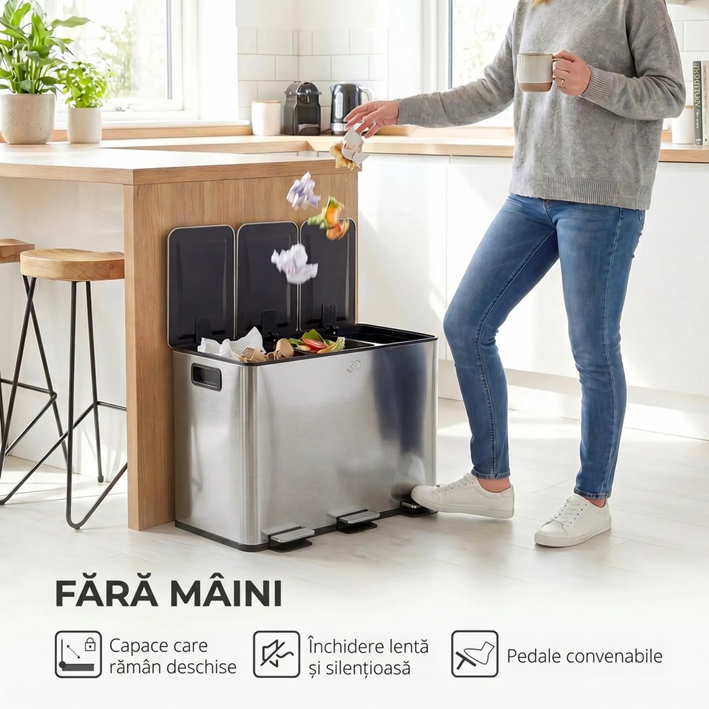 HOMCOM Coș de Gunoi cu 3 Compartimente de 20L cu Închidere Silențioasă, din Oțel Inoxidabil și PP, 61.9x36.6x56.7 cm | Aosom Romania