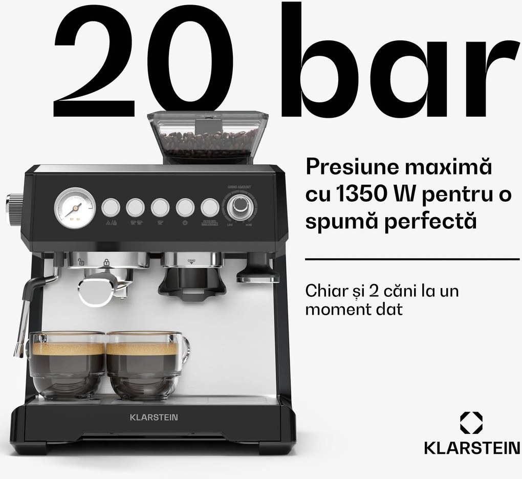 Klarstein Espressor GrandPresso, râșniță de precizie, duză de abur, portafiltru, indicator de presiune, 20 bar.