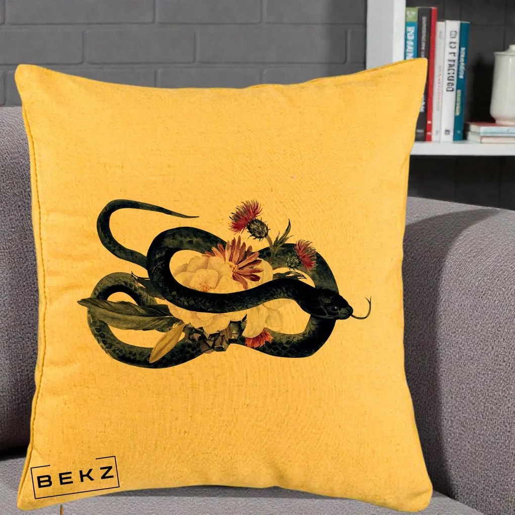 Perna Decorativa Sarpe Negru cu Flori Gothic, 40x40 cm, Galben, Husa Detasabila, Perna Inclusa, BEKZ®