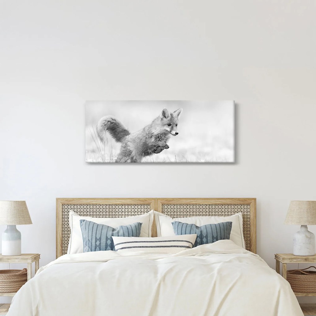 Tablou - Vulpe care sare,alb-negru (120x50 cm)