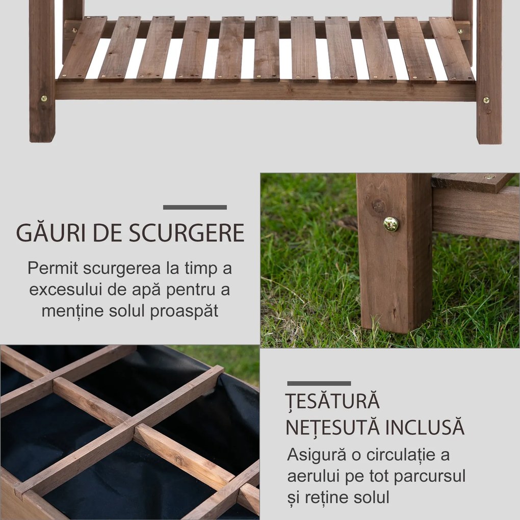 Outsunny Jardinieră Supraînălțată din Lemn | Grădinărit cu Raft Pliabil și Spațiu de Depozitare | 123x54x74 cm Maro | Aosom Romania