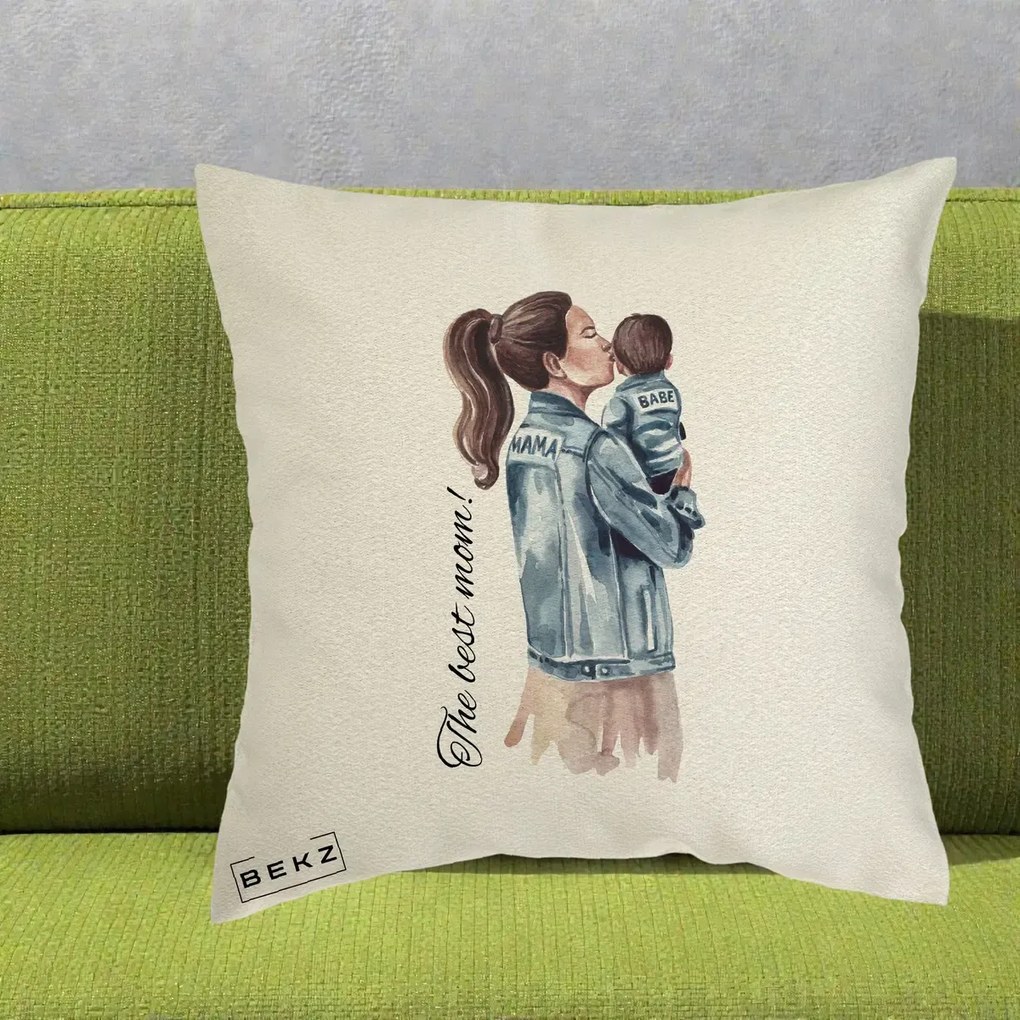 Cadou pentru Mama - Perna Personalizata The Best Mom Jachete, 40x40 cm, Ecru, Husa Detasabila, Perna Inclusa, BEKZ®