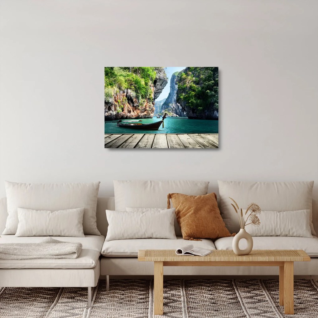 Tablou pe sticlă - Apă peisaj mediteranean cu barca (70x50 cm)